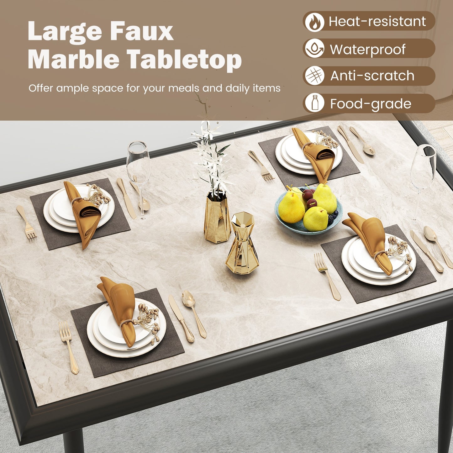 44 Inch Rectangular Dining Table with Faux Marble Top and Metal Frame
