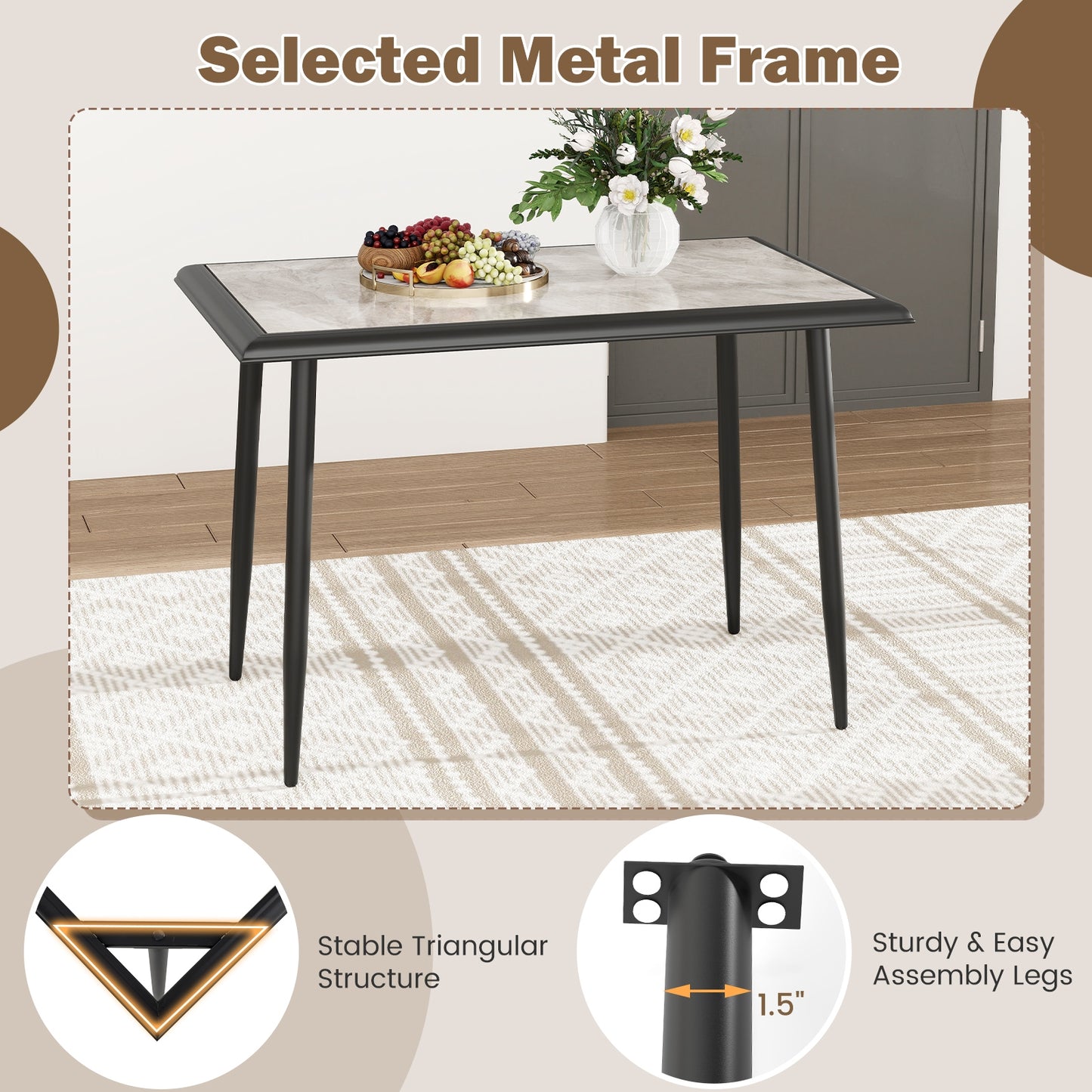 44 Inch Rectangular Dining Table with Faux Marble Top and Metal Frame