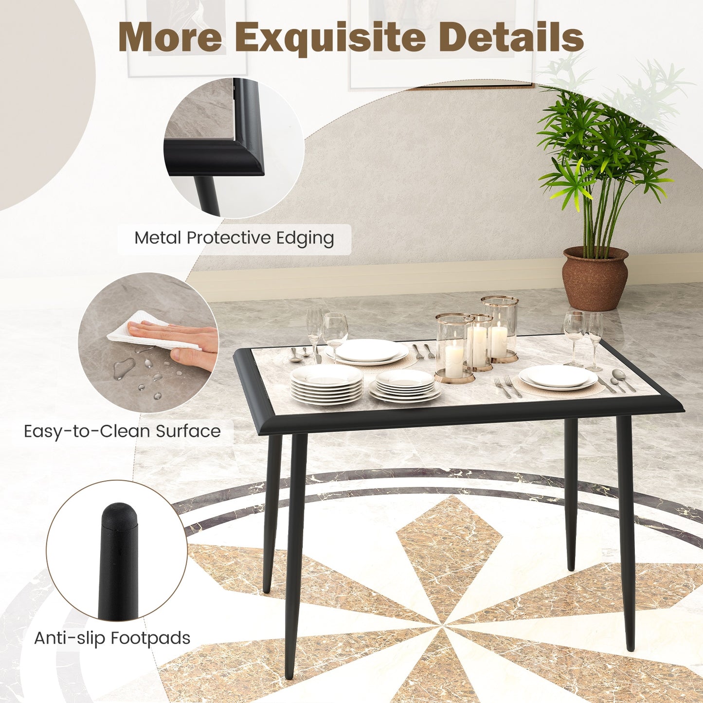 44 Inch Rectangular Dining Table with Faux Marble Top and Metal Frame