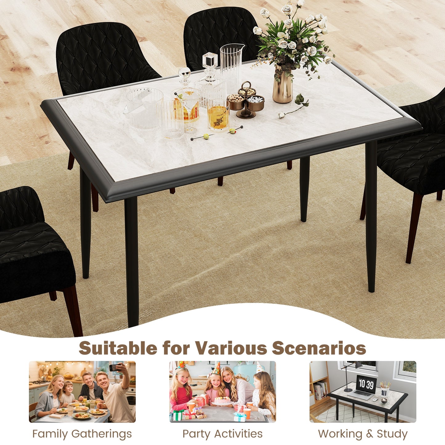 44 Inch Rectangular Dining Table with Faux Marble Top and Metal Frame