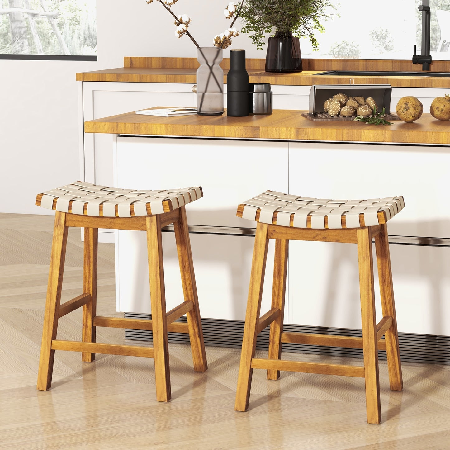 Pair of Faux PU Leather Bar Stools with Woven Curved Seat – 25.5 Inches