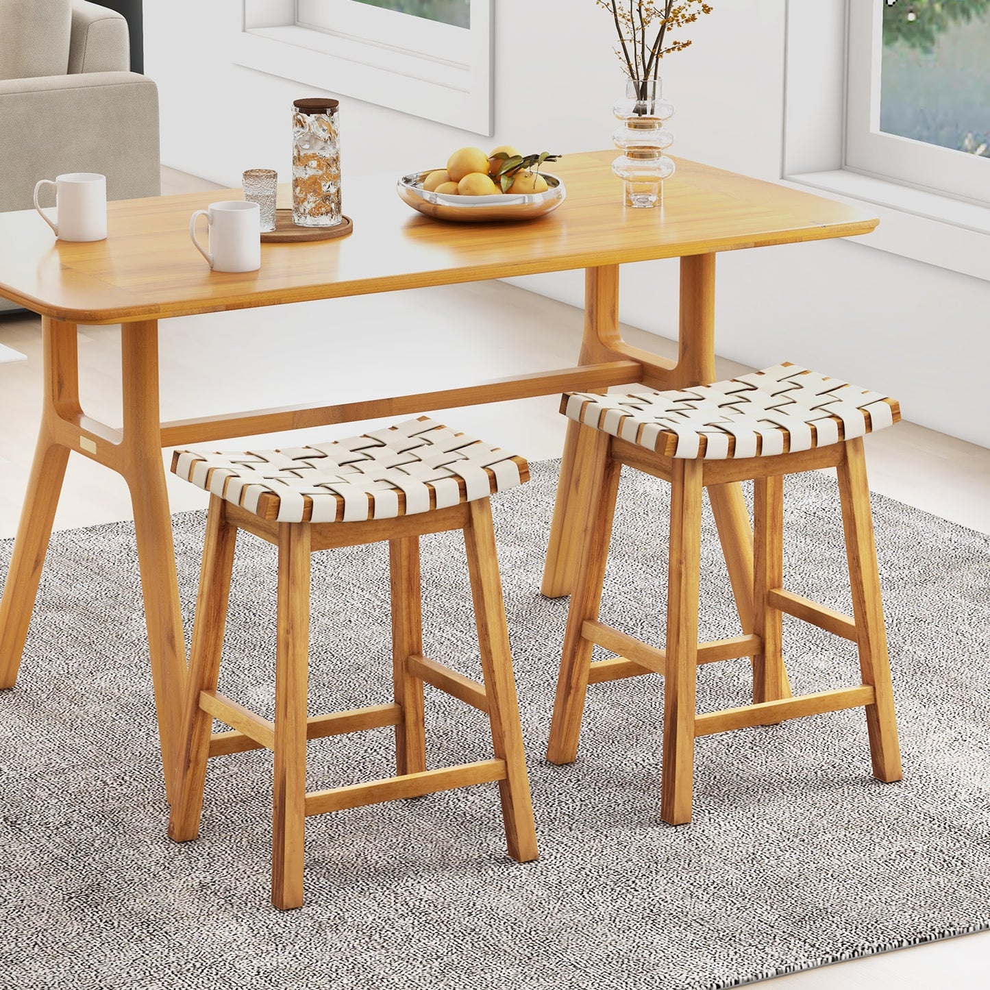 Pair of Faux PU Leather Bar Stools with Woven Curved Seat – 25.5 Inches
