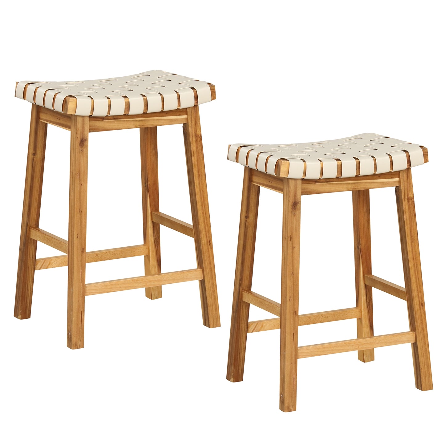 Pair of Faux PU Leather Bar Stools with Woven Curved Seat – 25.5 Inches
