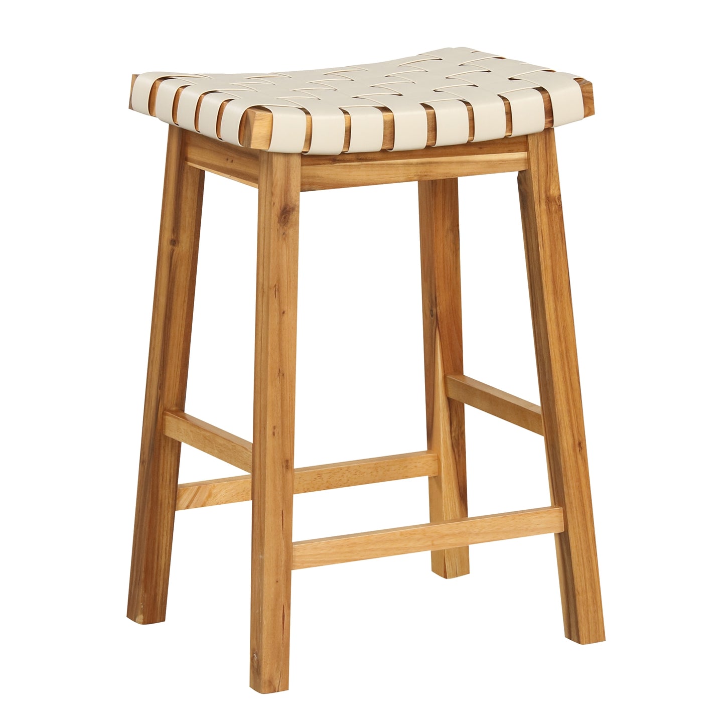 Pair of Faux PU Leather Bar Stools with Woven Curved Seat – 25.5 Inches