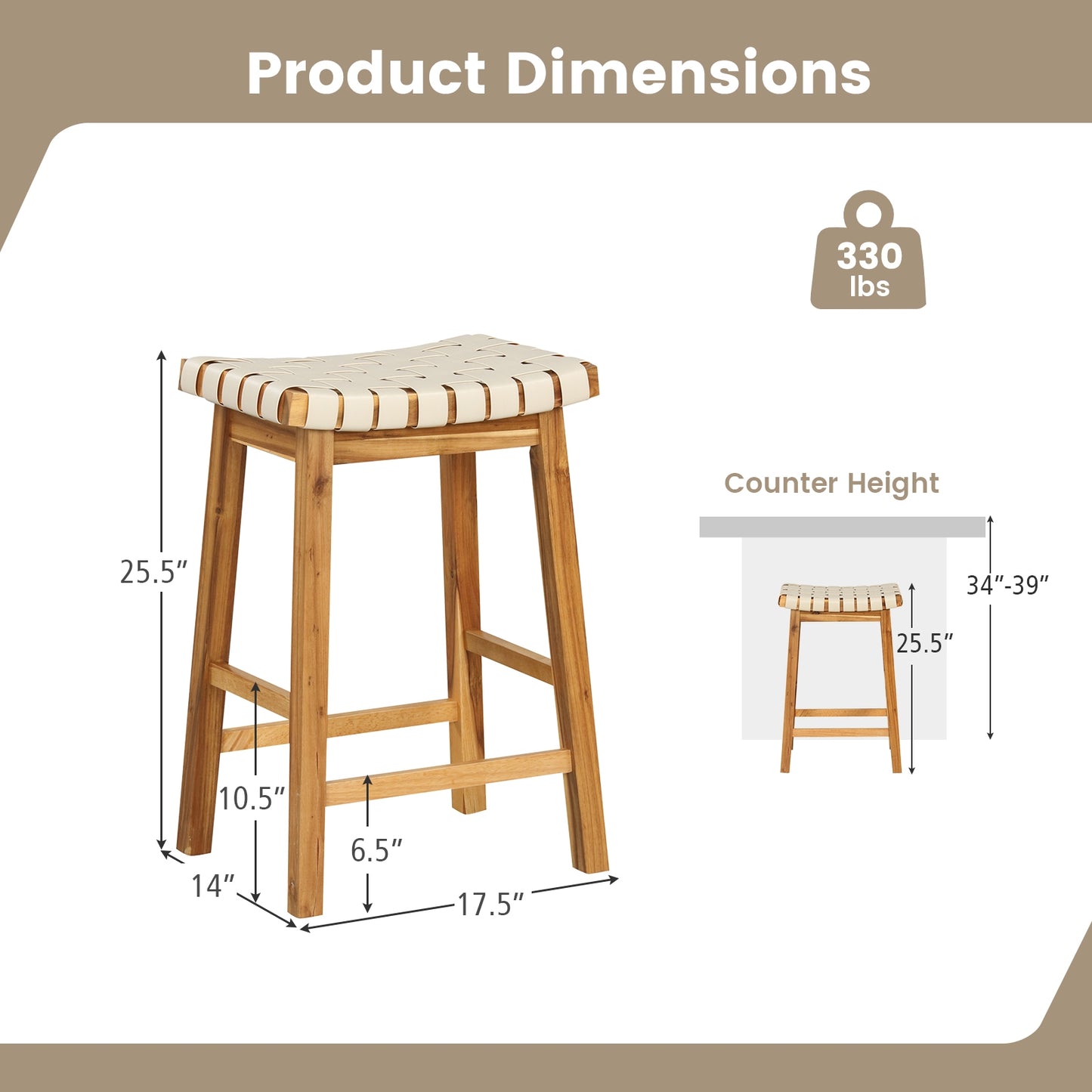 Pair of Faux PU Leather Bar Stools with Woven Curved Seat – 25.5 Inches