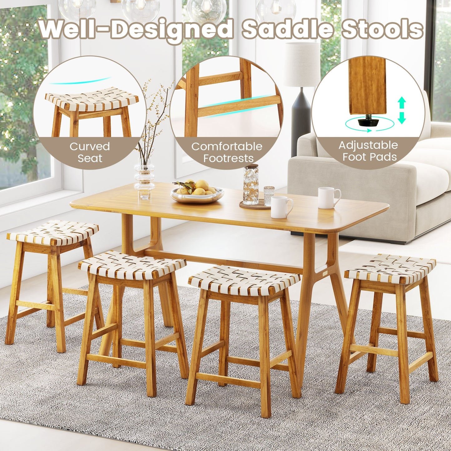 Pair of Faux PU Leather Bar Stools with Woven Curved Seat – 25.5 Inches