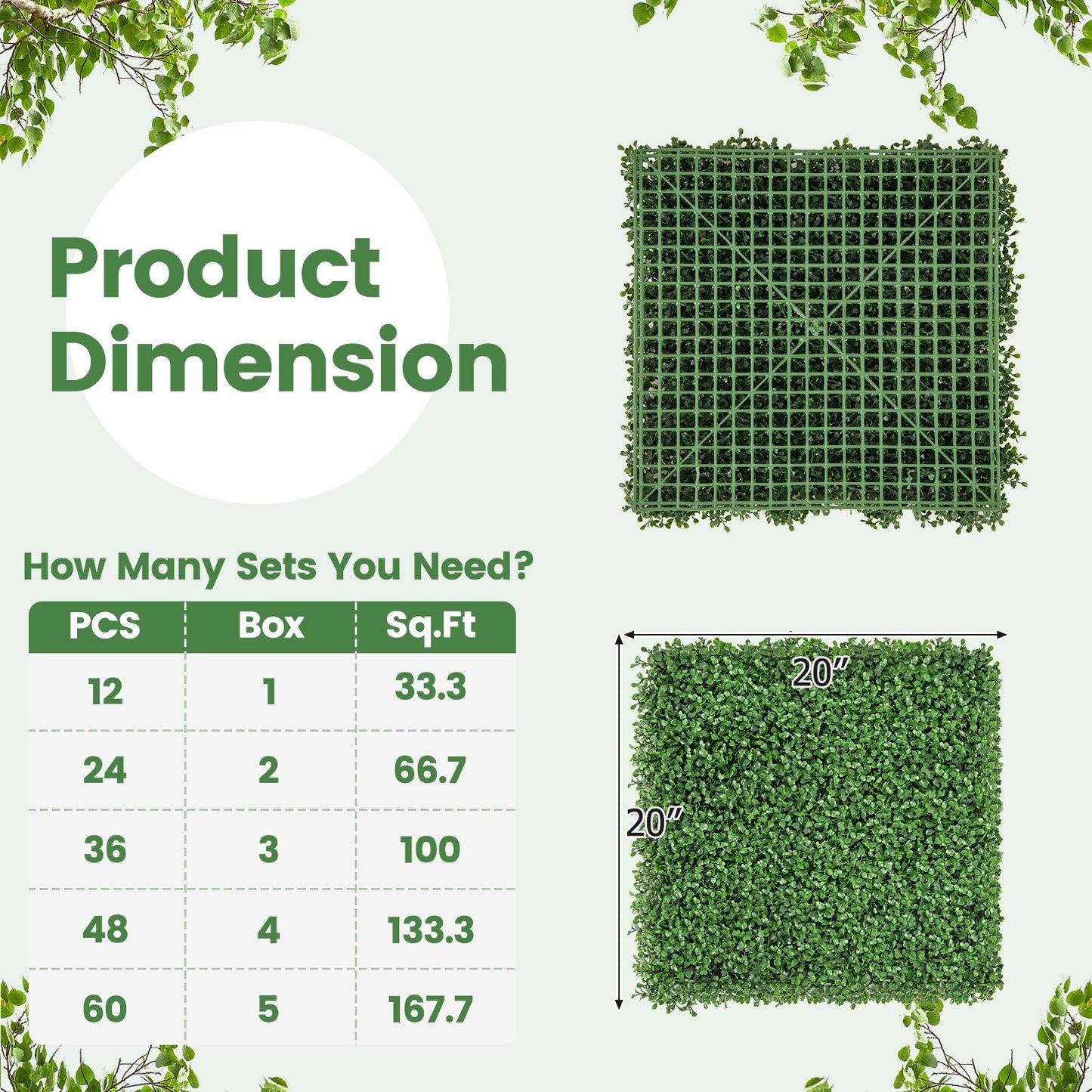 12 Pack 20x20 Inch Artificial Boxwood Panels with Removable Branches – Realistic Greenery for Indoor & Outdoor