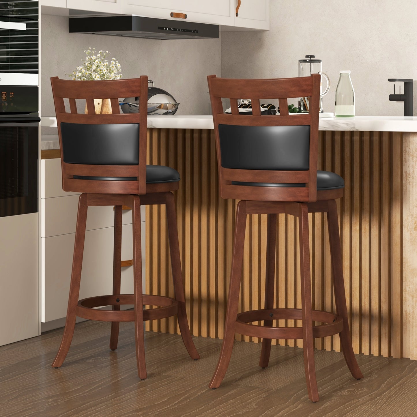 Pair of Wood Swivel Bar Stools with Faux Leather Upholstered Seat and Backrest