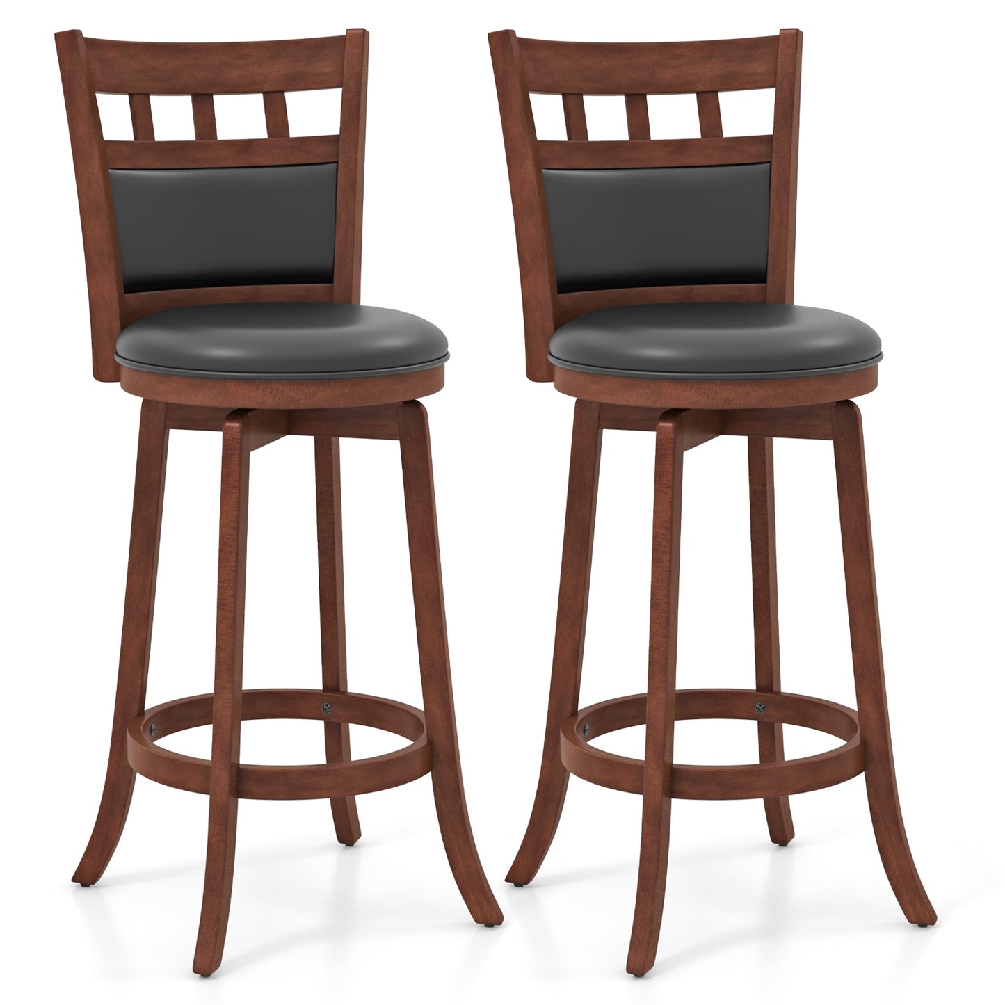 Pair of Wood Swivel Bar Stools with Faux Leather Upholstered Seat and Backrest