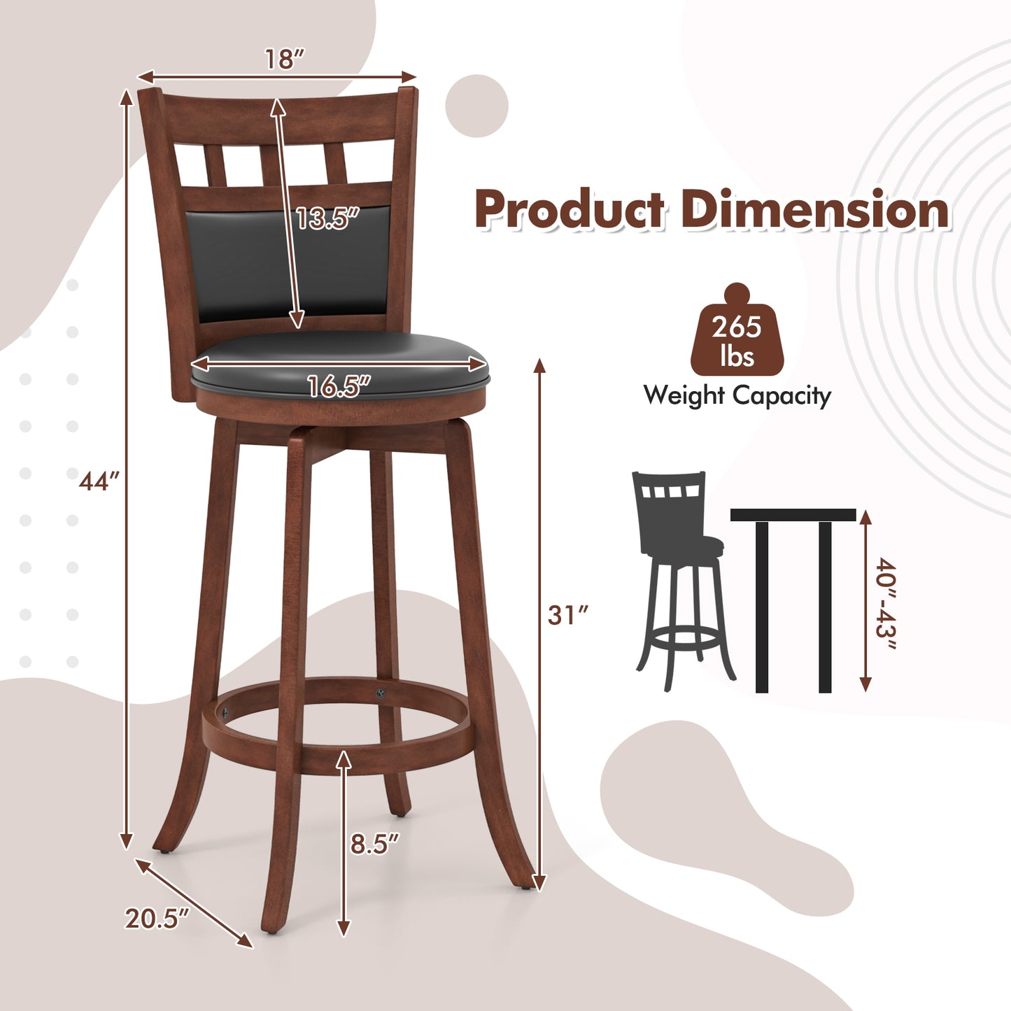 Pair of Wood Swivel Bar Stools with Faux Leather Upholstered Seat and Backrest