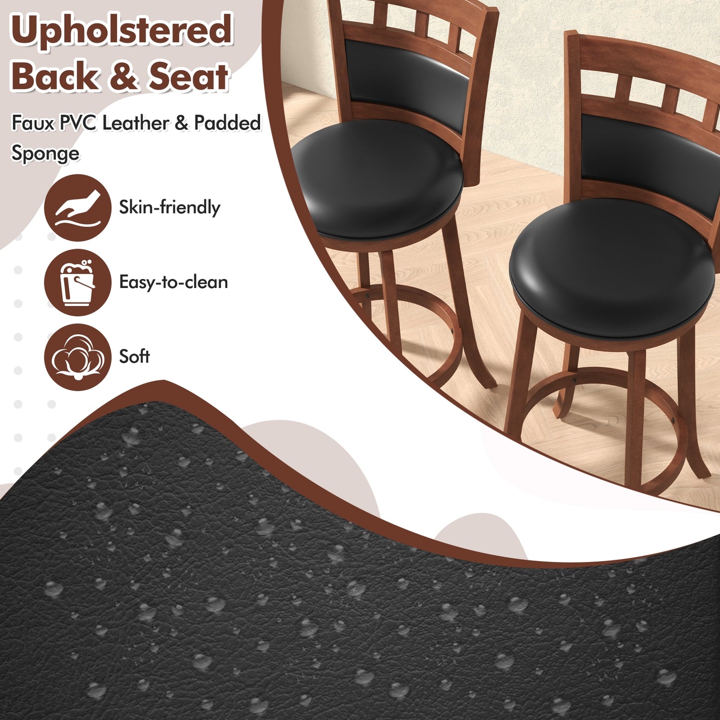 Pair of Wood Swivel Bar Stools with Faux Leather Upholstered Seat and Backrest