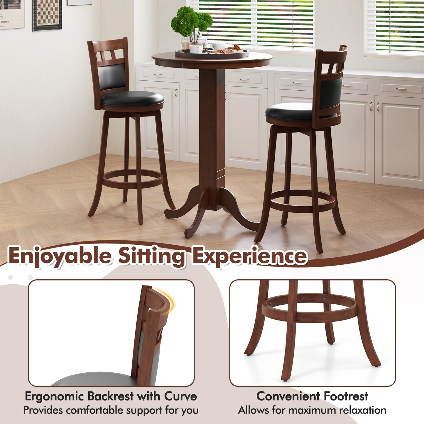 Pair of Wood Swivel Bar Stools with Faux Leather Upholstered Seat and Backrest