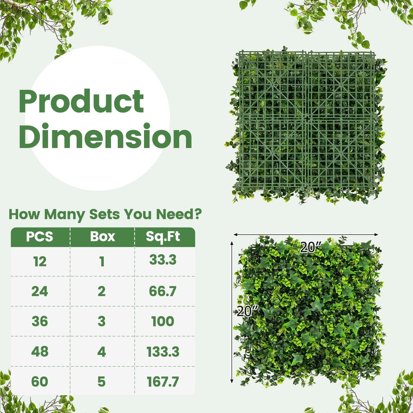 12 Pack 20x20 Inch Artificial Mixed Leaf Greenery Panels with Detachable Branches