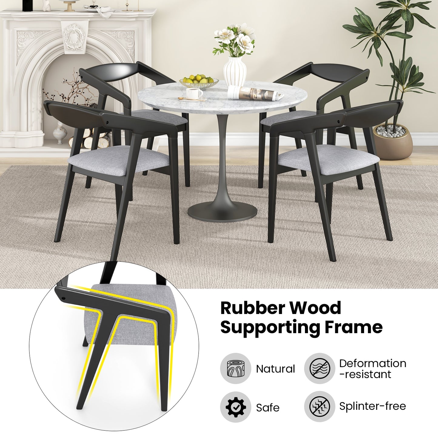 Upholstered Wooden Dining Chairs with Armrests and Solid Rubber Wood Frame, Set of 2
