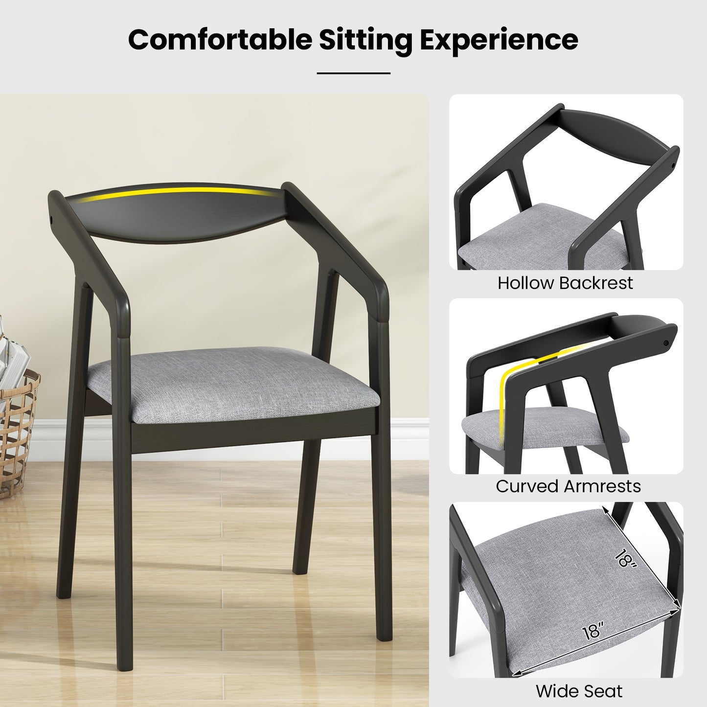 Upholstered Wooden Dining Chairs with Armrests and Solid Rubber Wood Frame, Set of 2