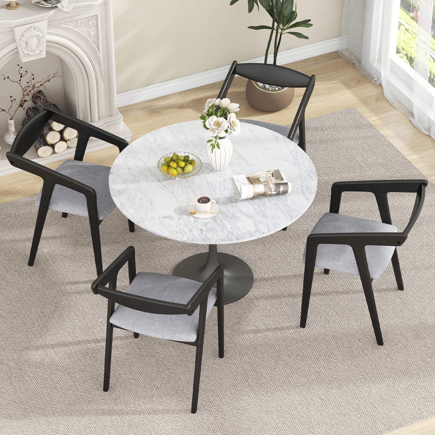 Upholstered Wooden Dining Chairs with Armrests and Solid Rubber Wood Frame, Set of 2