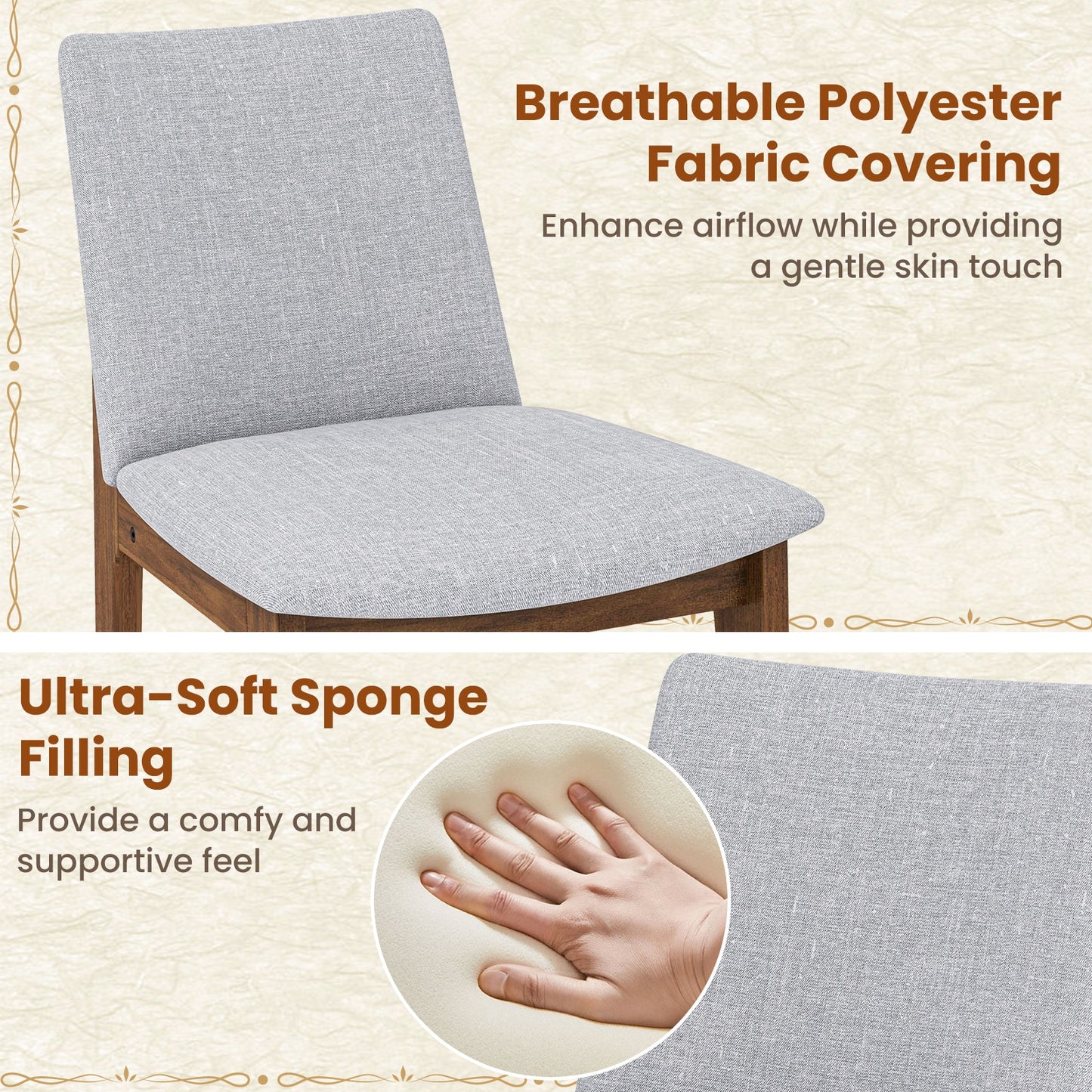 Upholstered Dining Chairs with High Curved Back and Solid Wood Frame, Set of 2