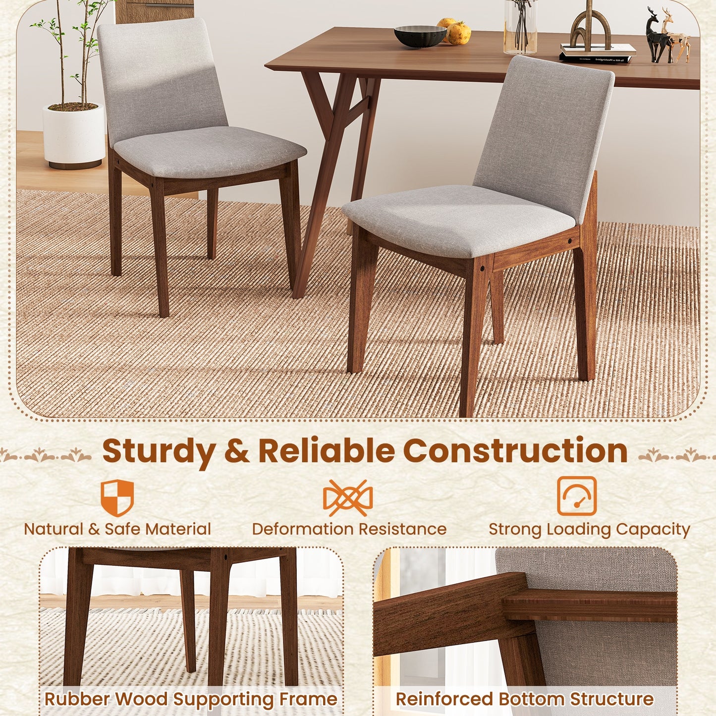 Upholstered Dining Chairs with High Curved Back and Solid Wood Frame, Set of 2
