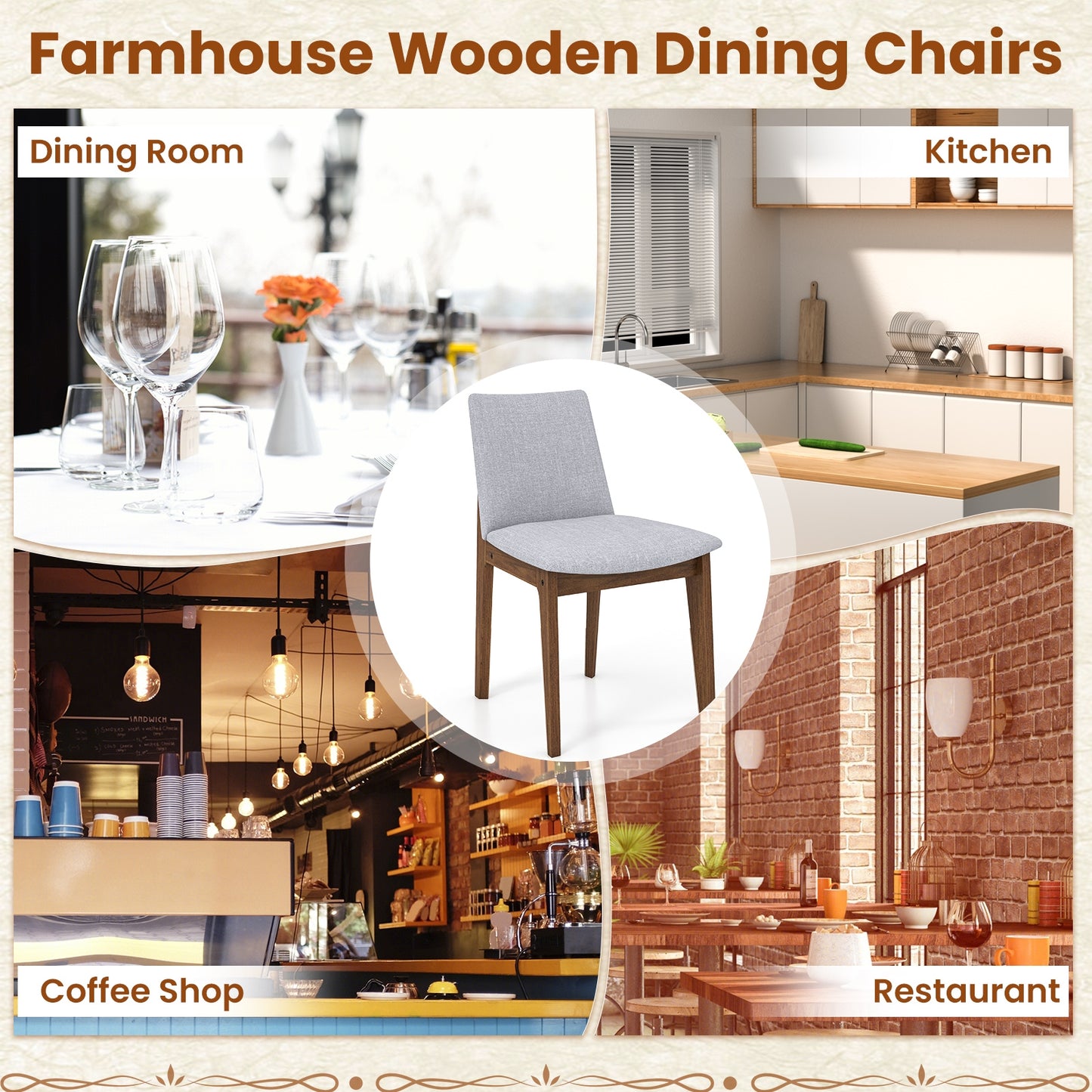 Upholstered Dining Chairs with High Curved Back and Solid Wood Frame, Set of 2