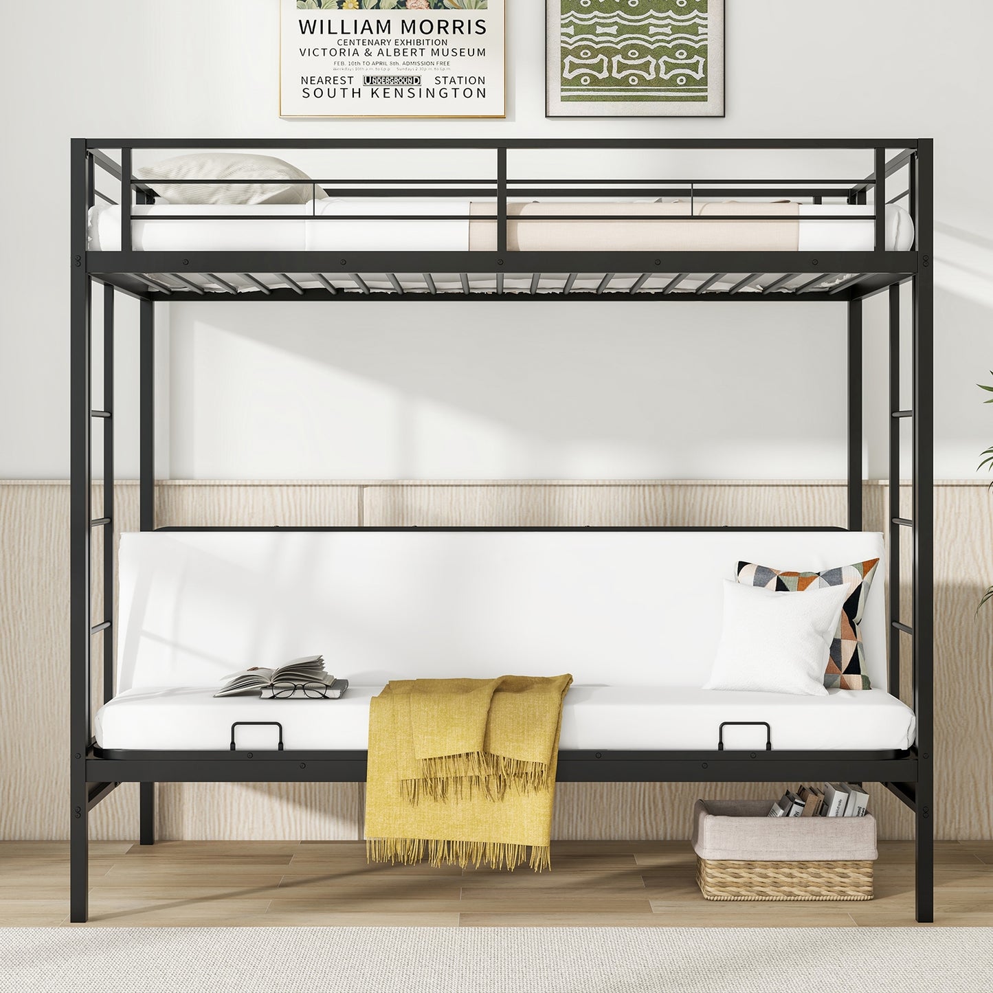 Convertible Twin Over Futon Bunk Bed with Dual Ladders, Safety Guardrails, and Adjustable Sofa