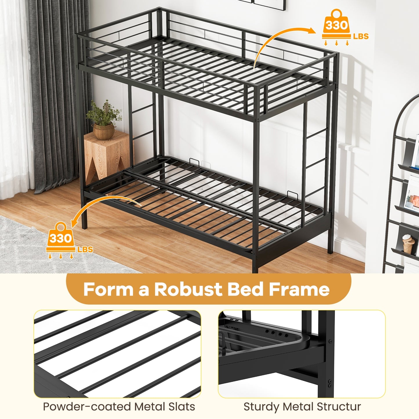 Convertible Twin Over Futon Bunk Bed with Dual Ladders, Safety Guardrails, and Adjustable Sofa