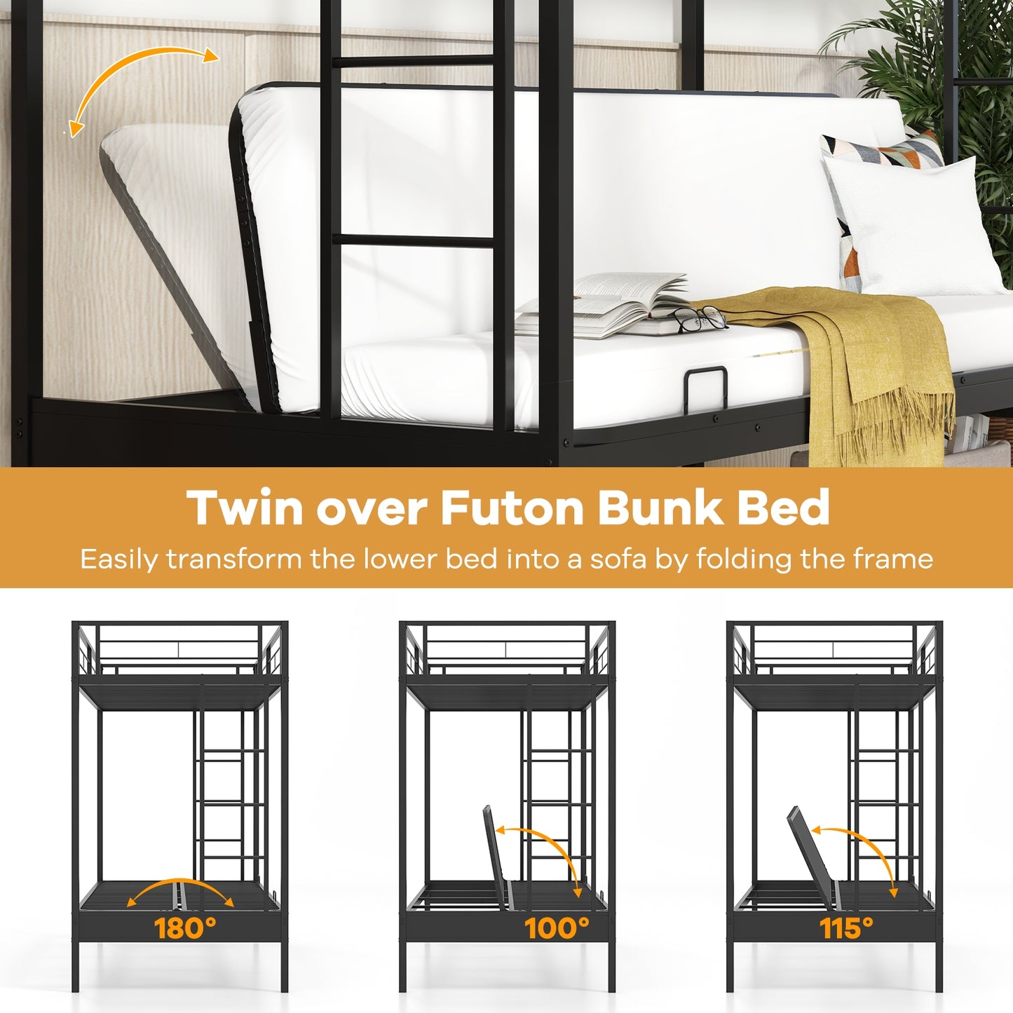 Convertible Twin Over Futon Bunk Bed with Dual Ladders, Safety Guardrails, and Adjustable Sofa