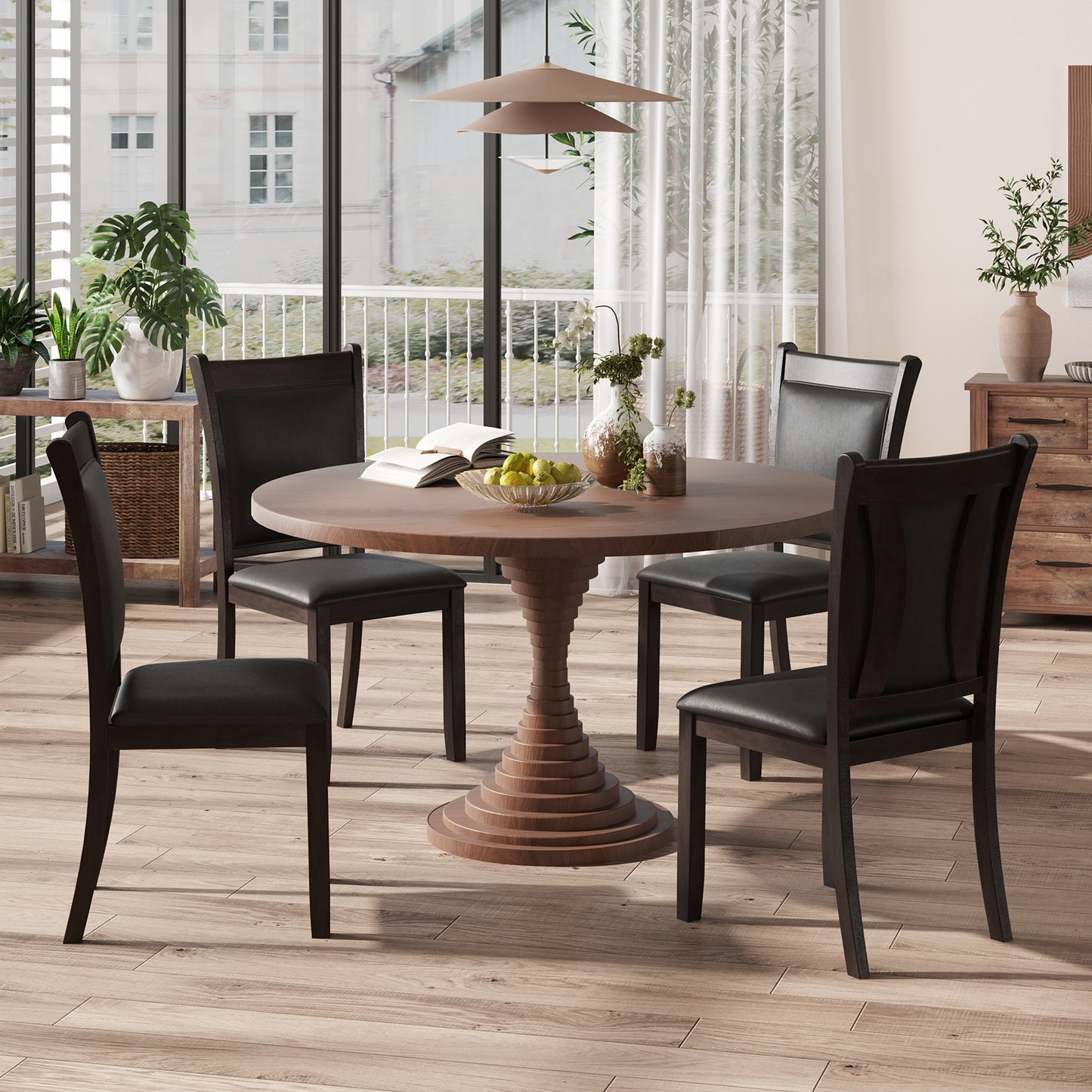 Faux Leather Upholstered Dining Chairs with Padded Seat and Solid Wood Legs, Set of 2