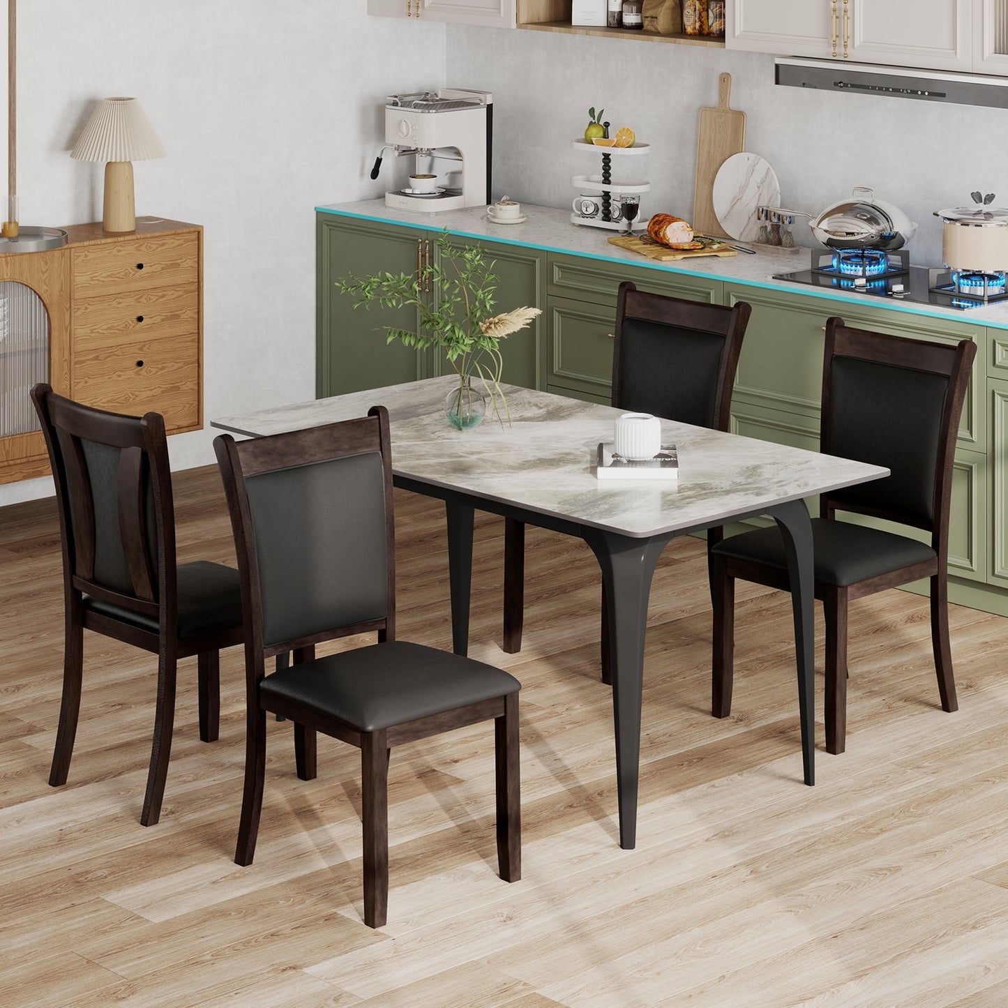 Faux Leather Upholstered Dining Chairs with Padded Seat and Solid Wood Legs, Set of 2