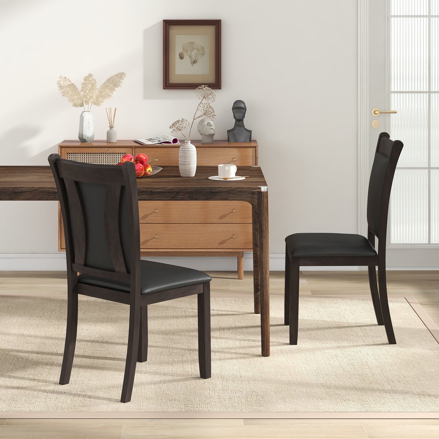 Faux Leather Upholstered Dining Chairs with Padded Seat and Solid Wood Legs, Set of 2