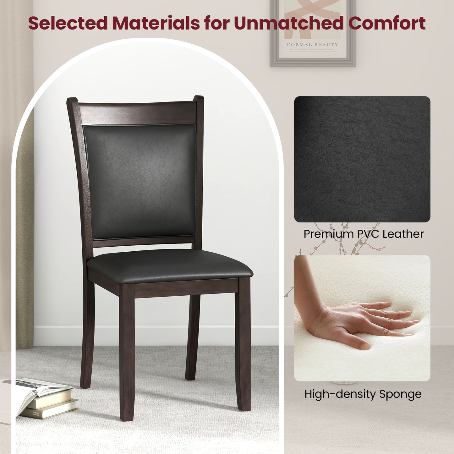 Faux Leather Upholstered Dining Chairs with Padded Seat and Solid Wood Legs, Set of 2