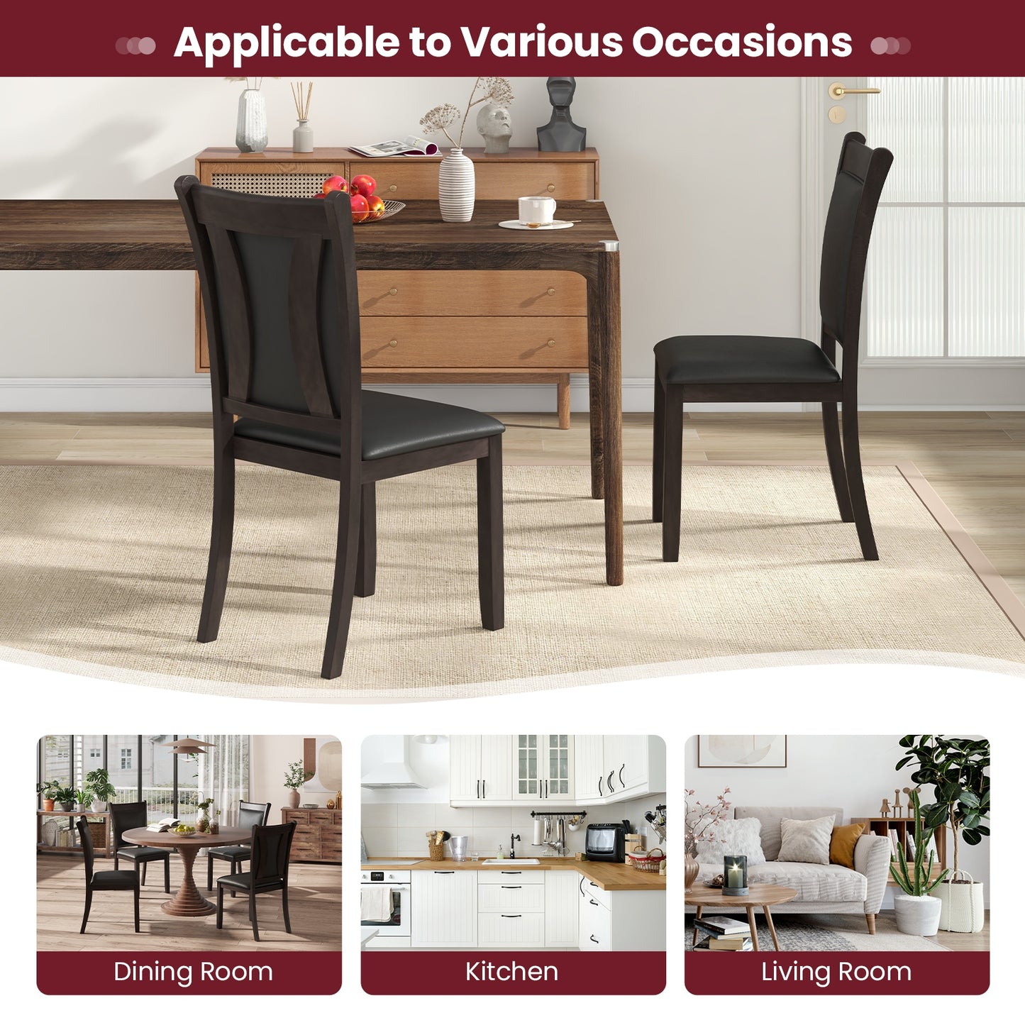 Faux Leather Upholstered Dining Chairs with Padded Seat and Solid Wood Legs, Set of 2