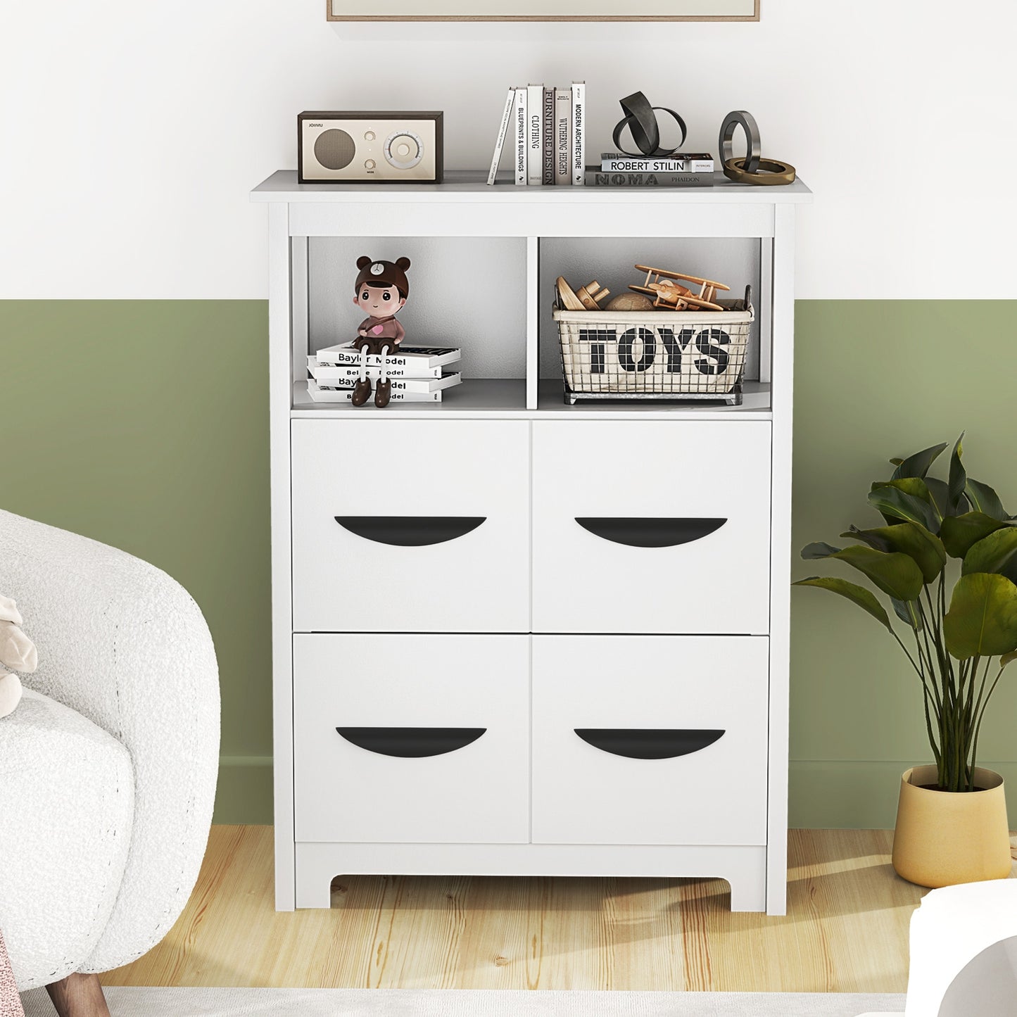 24 Inch Storage Cabinet with Open Compartments and Drawers