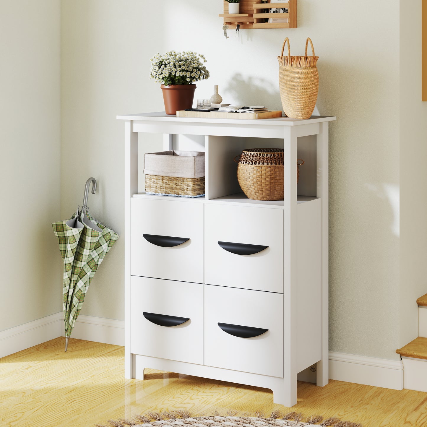 24 Inch Storage Cabinet with Open Compartments and Drawers
