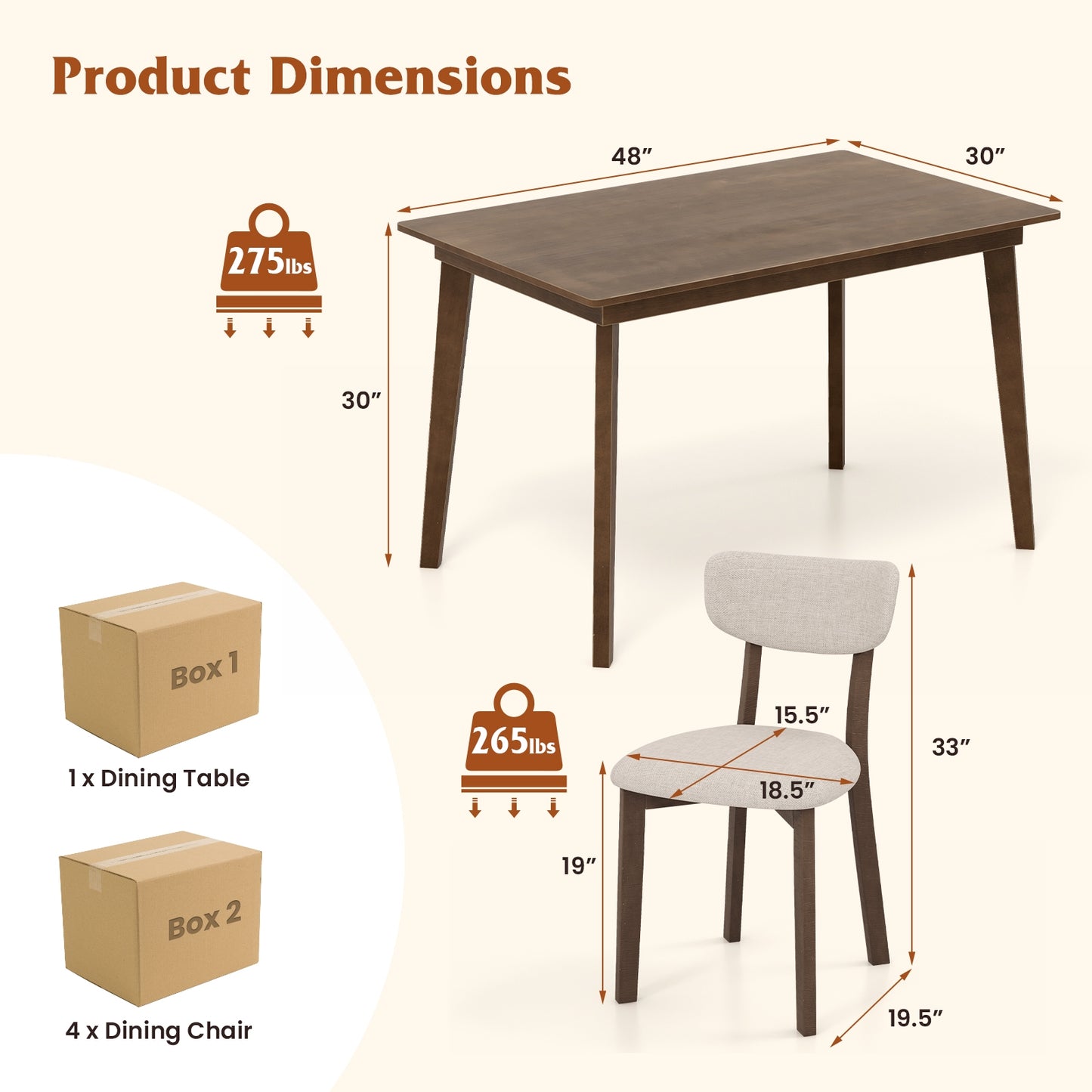 5 Piece Dining Set for 4 with Padded Chairs and Durable Rubber Wood Frame