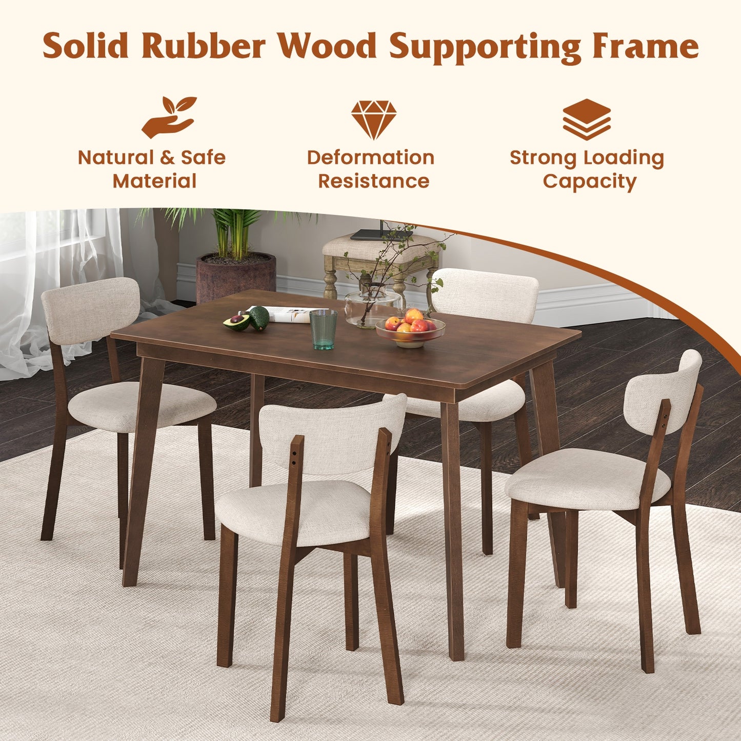 5 Piece Dining Set for 4 with Padded Chairs and Durable Rubber Wood Frame