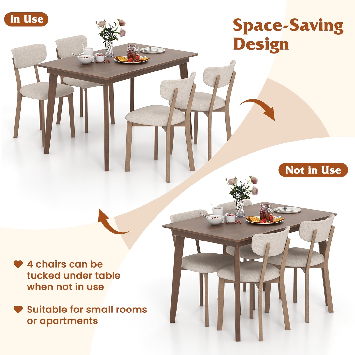 5 Piece Dining Set for 4 with Padded Chairs and Durable Rubber Wood Frame