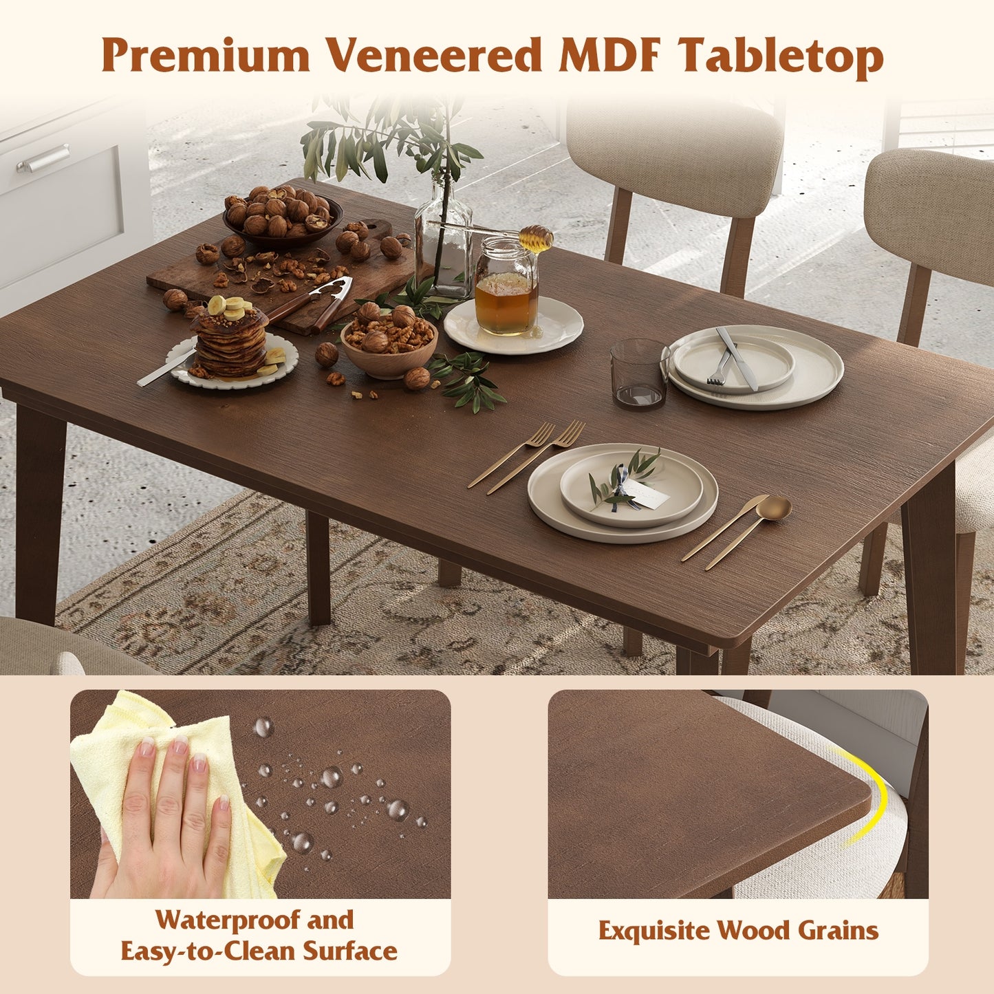 5 Piece Dining Set for 4 with Padded Chairs and Durable Rubber Wood Frame