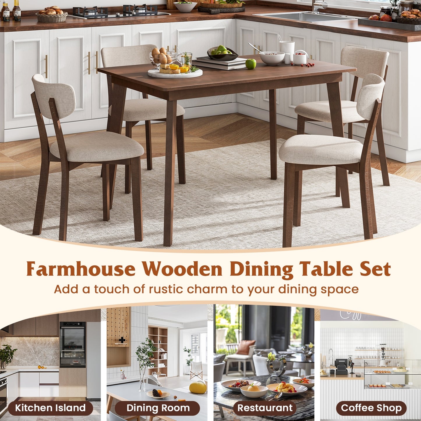 5 Piece Dining Set for 4 with Padded Chairs and Durable Rubber Wood Frame