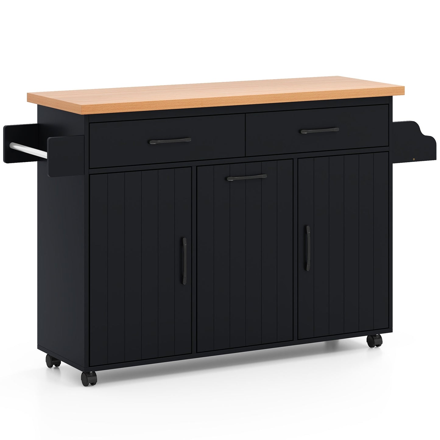 Rolling Kitchen Island Cart with Trash Cabinet Storage Drawers Adjustable Shelves and Spice Rack - Black