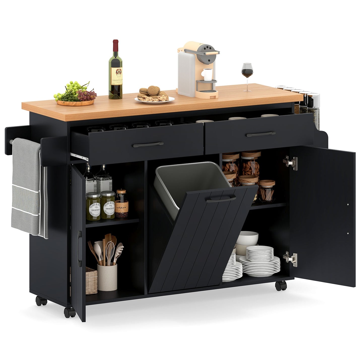 Rolling Kitchen Island Cart with Trash Cabinet Storage Drawers Adjustable Shelves and Spice Rack - Black