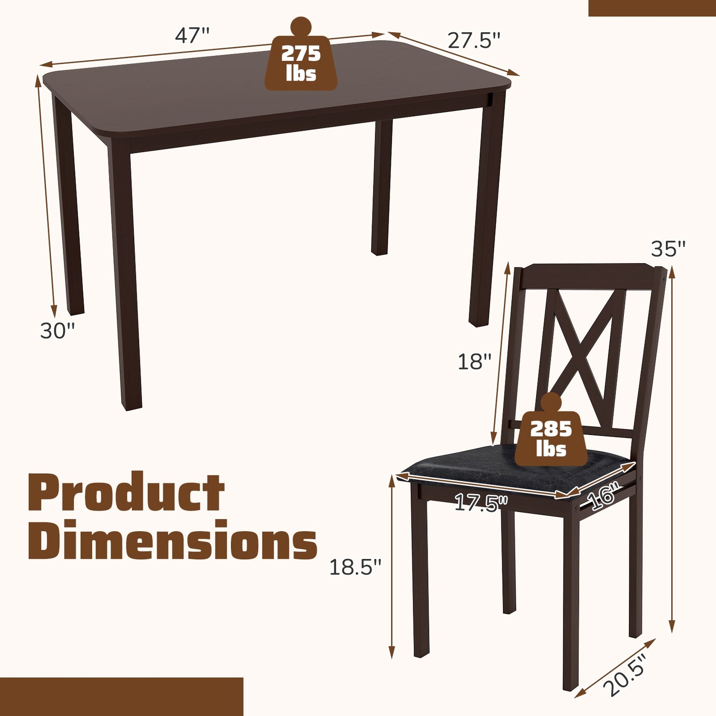 5 Piece Wooden Dining Set with Padded Chairs and Spacious Rectangular Table