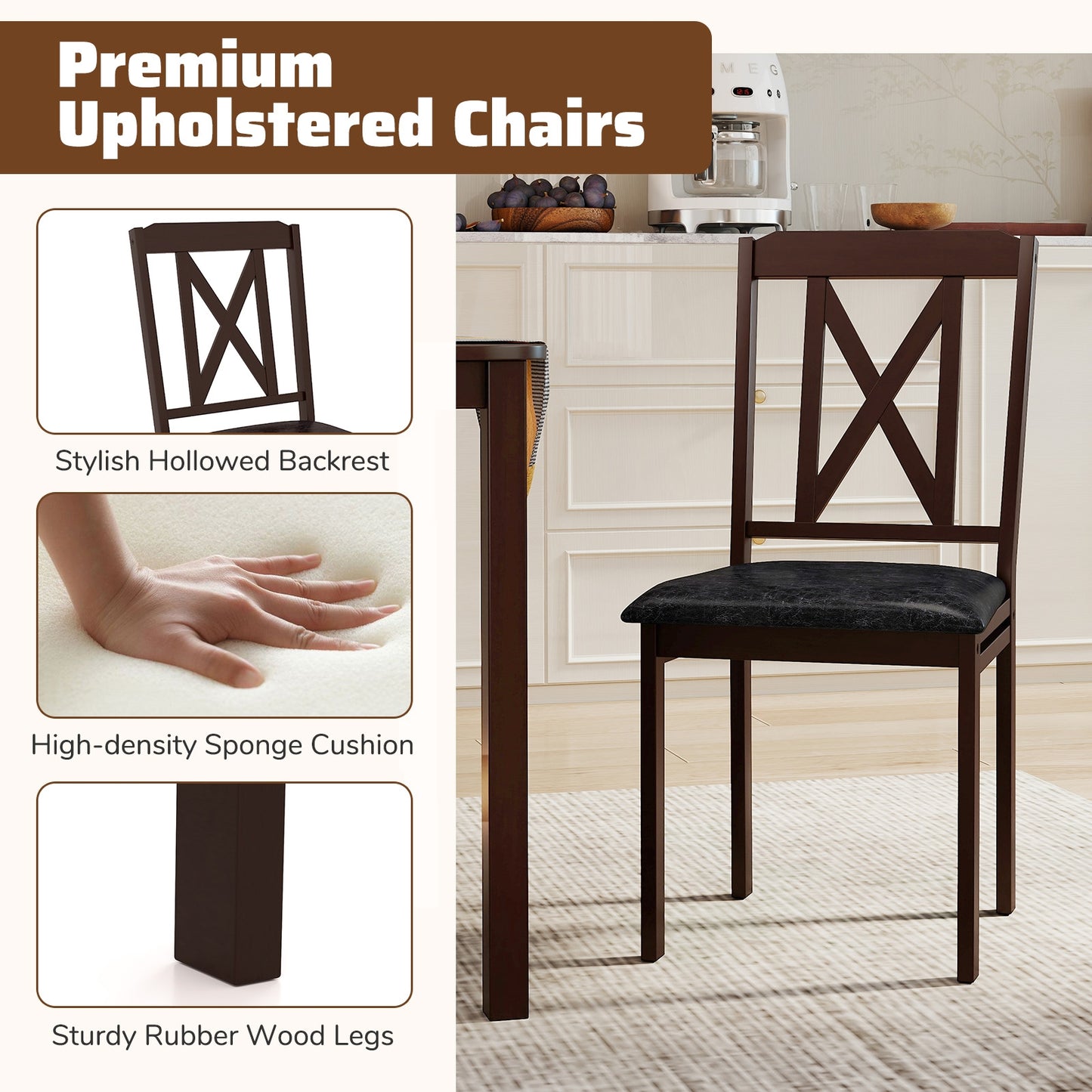 5 Piece Wooden Dining Set with Padded Chairs and Spacious Rectangular Table