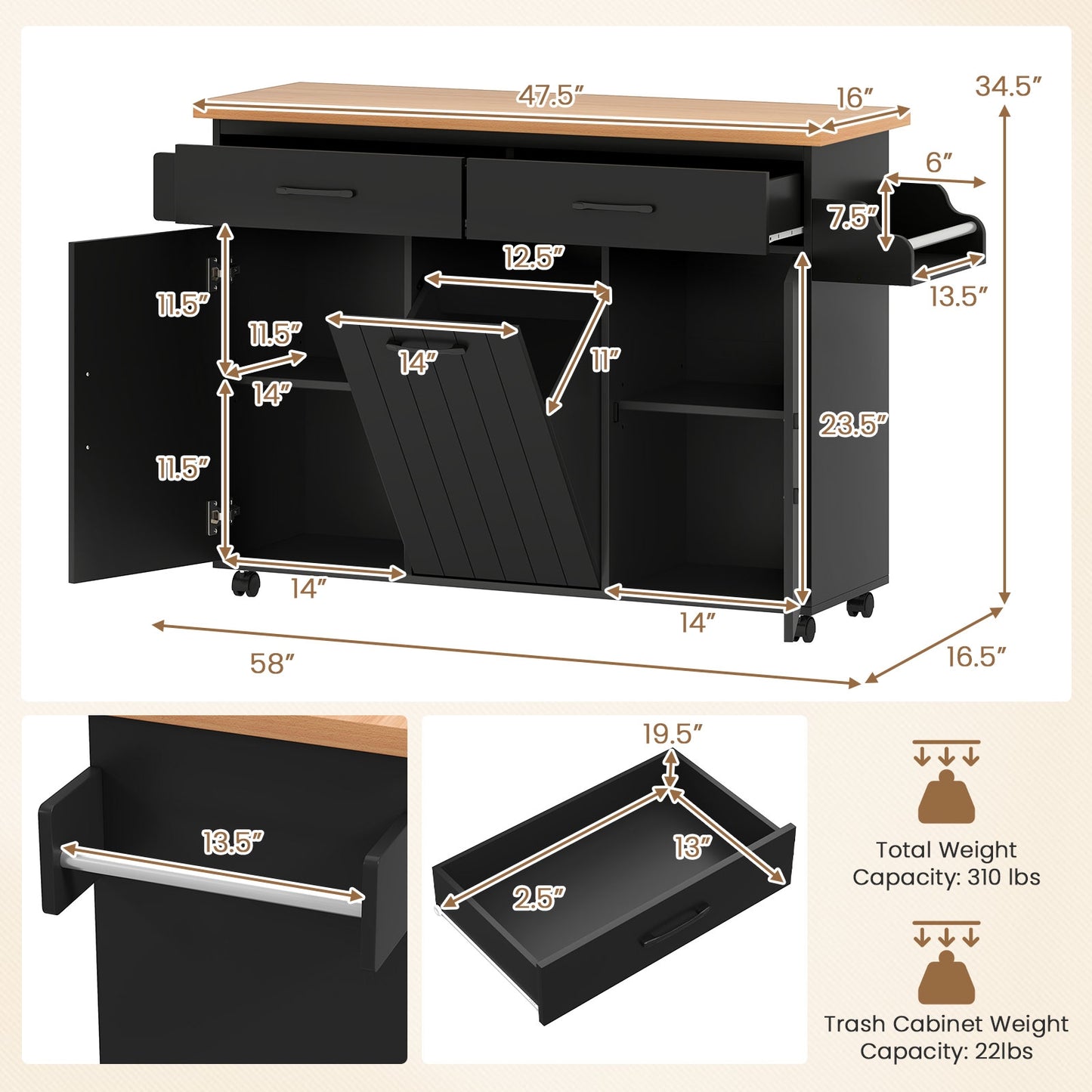 Rolling Kitchen Island Cart with Trash Cabinet Storage Drawers Adjustable Shelves and Spice Rack - Black