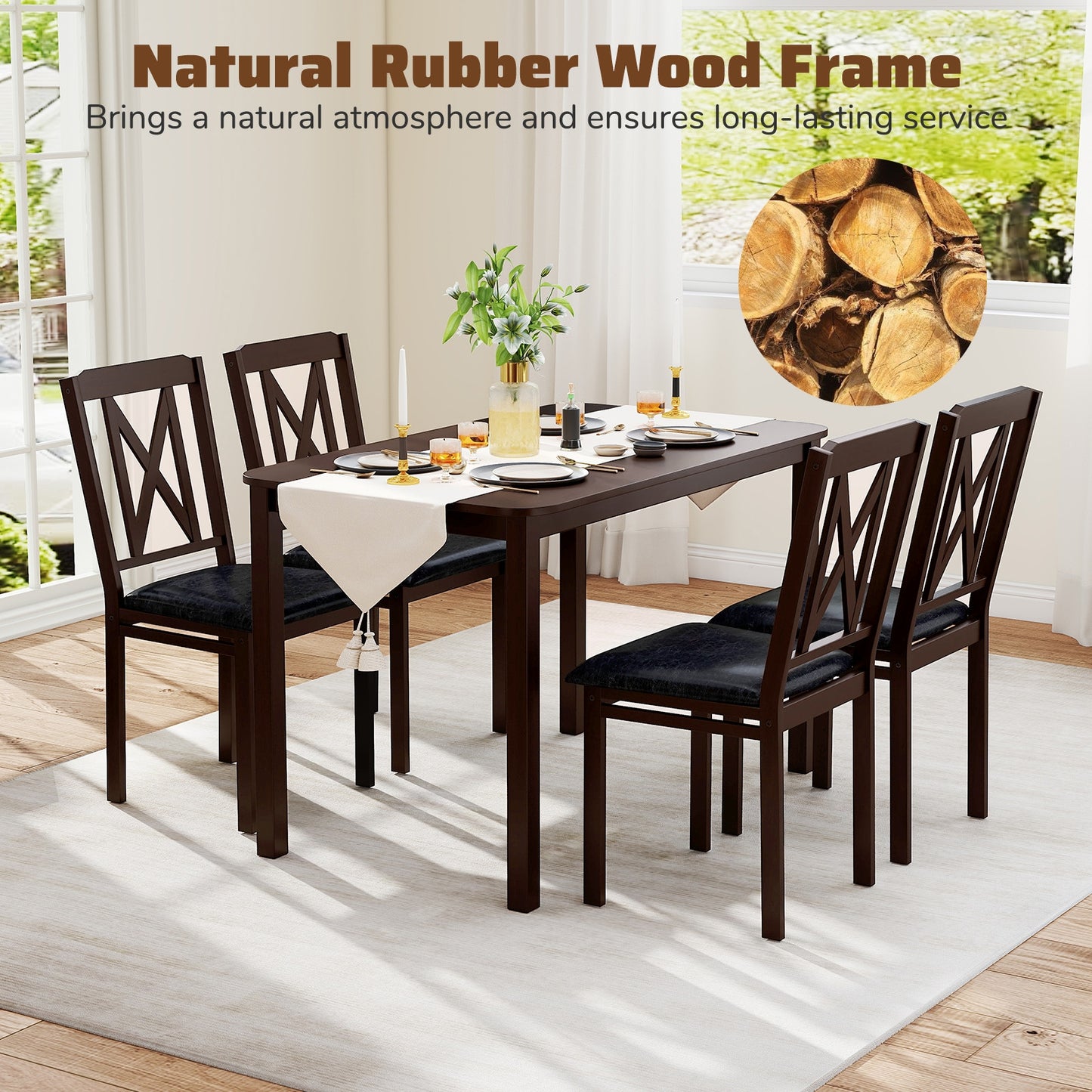 5 Piece Wooden Dining Set with Padded Chairs and Spacious Rectangular Table