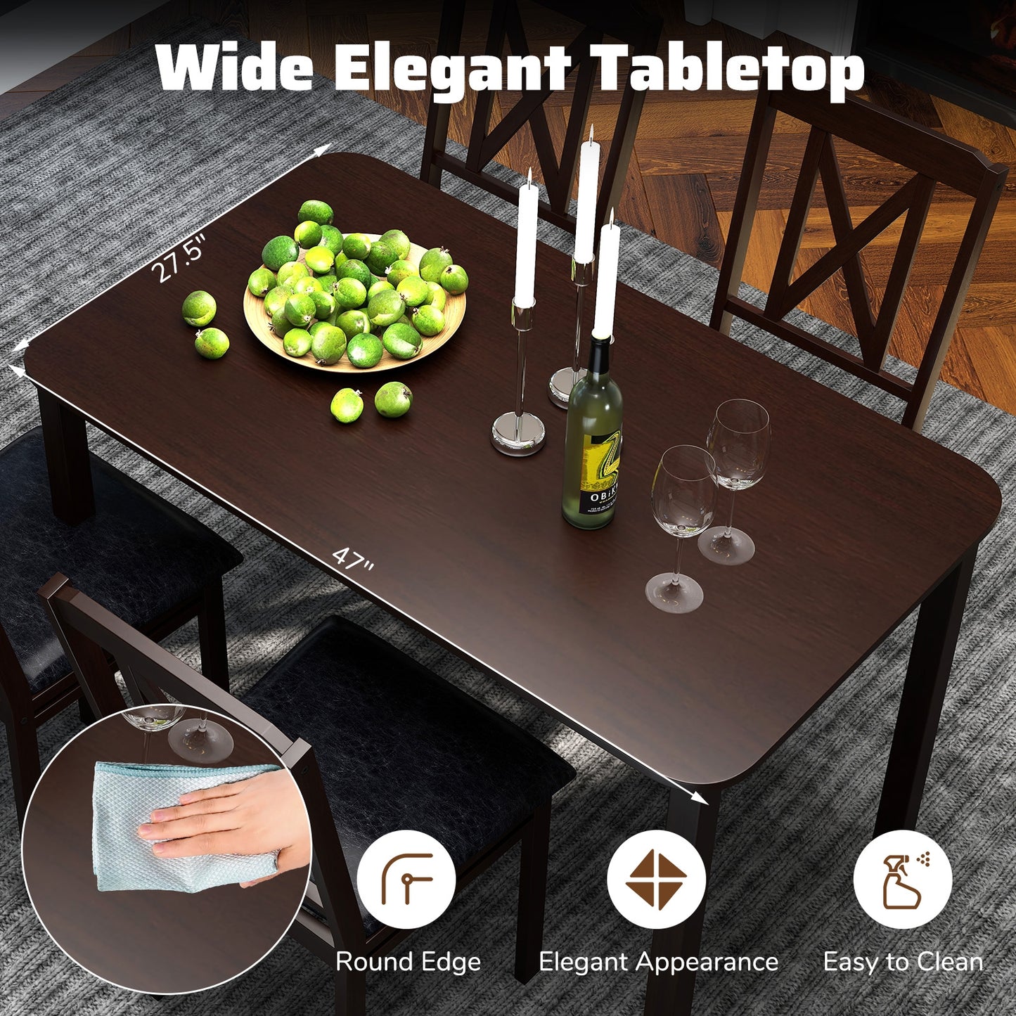 5 Piece Wooden Dining Set with Padded Chairs and Spacious Rectangular Table