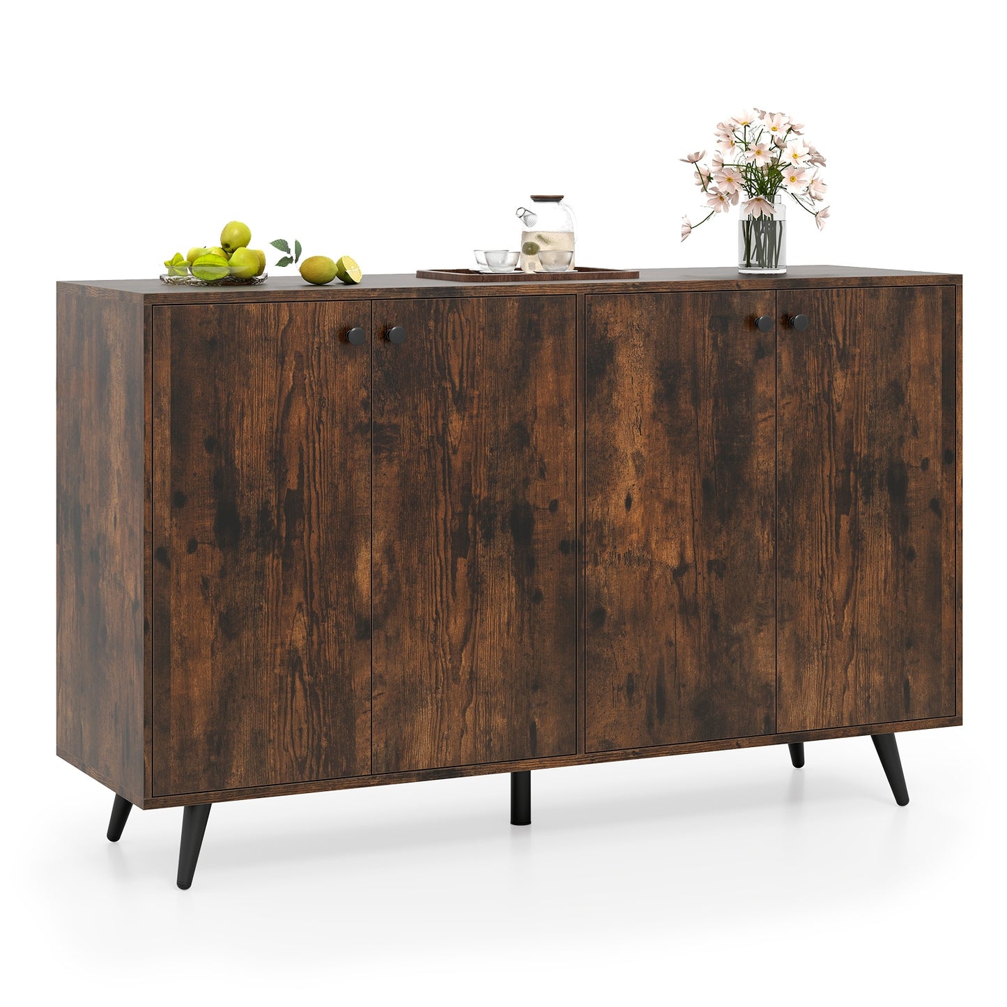 Mid Century Modern Buffet Cabinet with Adjustable Storage Shelves - Rustic Brown