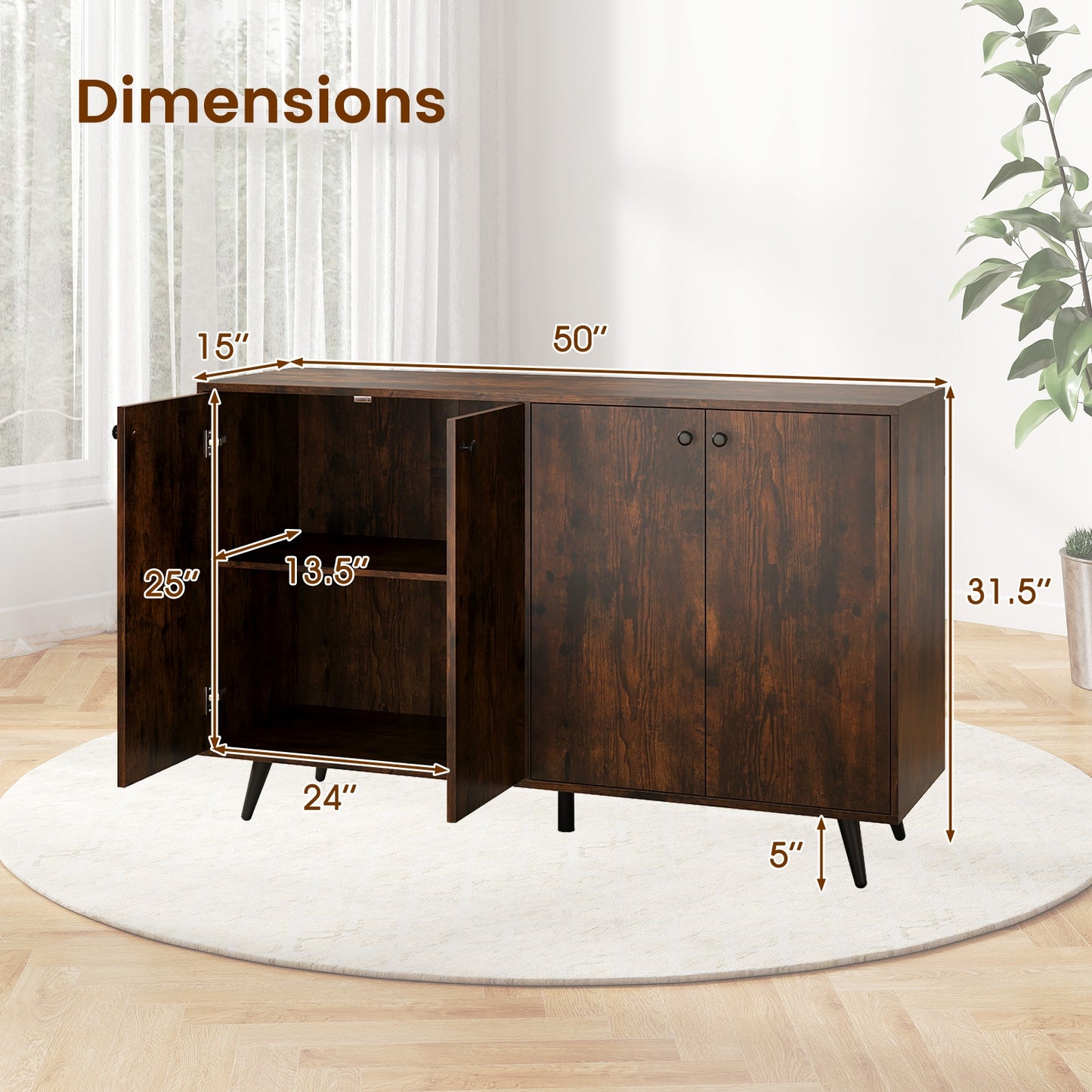 Mid Century Modern Buffet Cabinet with Adjustable Storage Shelves - Rustic Brown
