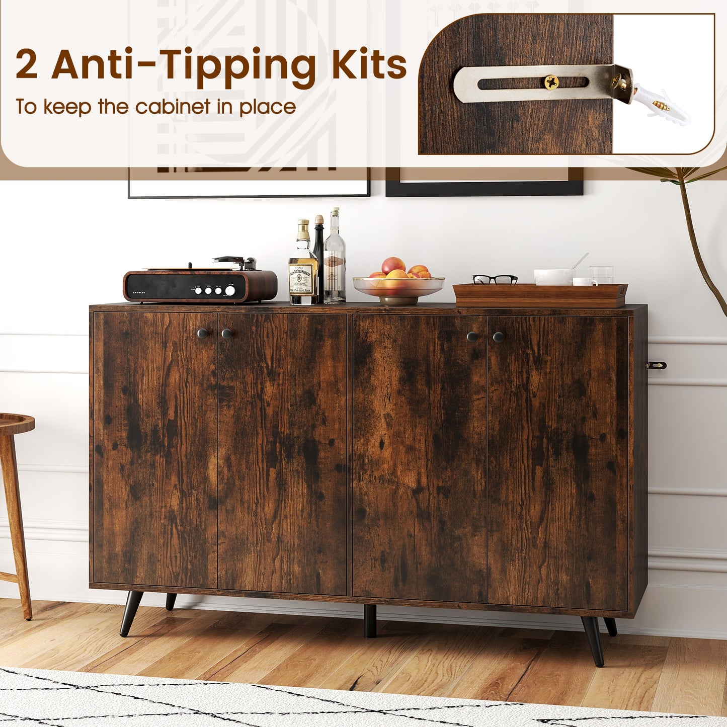 Mid Century Modern Buffet Cabinet with Adjustable Storage Shelves - Rustic Brown