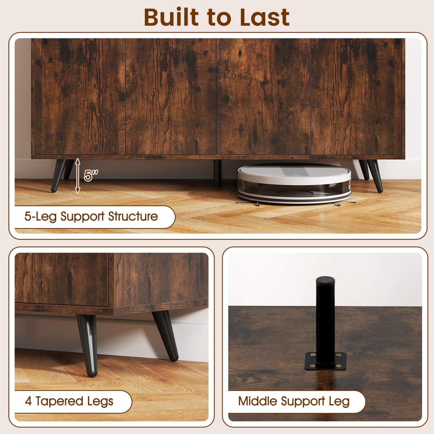 Mid Century Modern Buffet Cabinet with Adjustable Storage Shelves - Rustic Brown