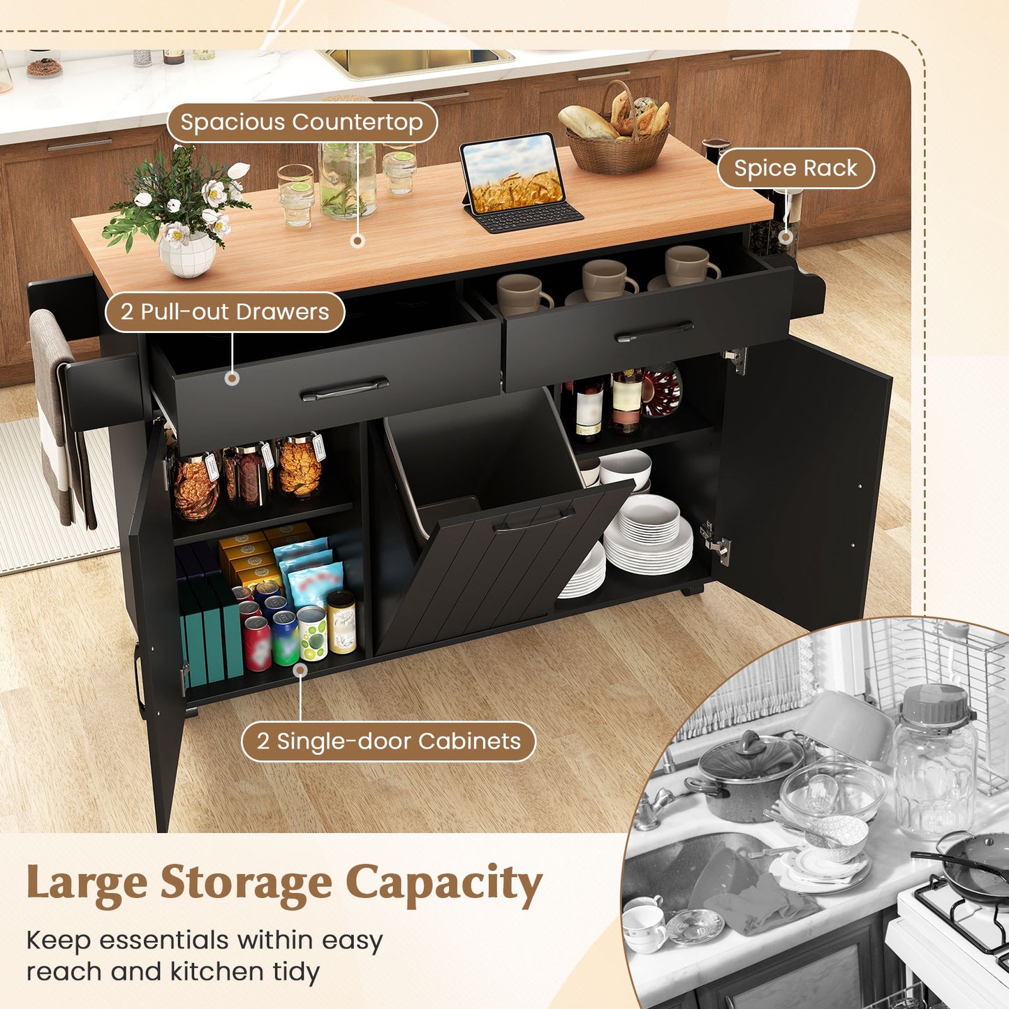 Rolling Kitchen Island Cart with Trash Cabinet Storage Drawers Adjustable Shelves and Spice Rack - Black